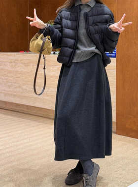 145CM黑色毛呢花苞半身裙百搭显瘦小个子高腰宽松中长款a字伞裙女