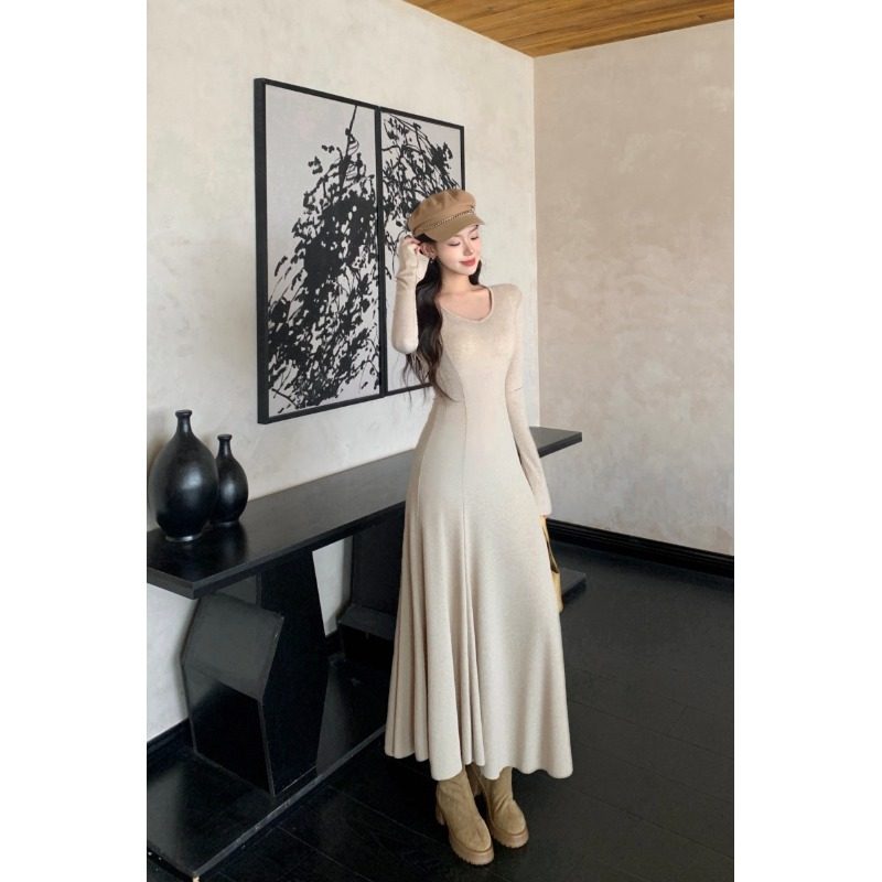 145小个子法式气质长袖连衣裙150高级感V领收腰显瘦长裙打底裙xs