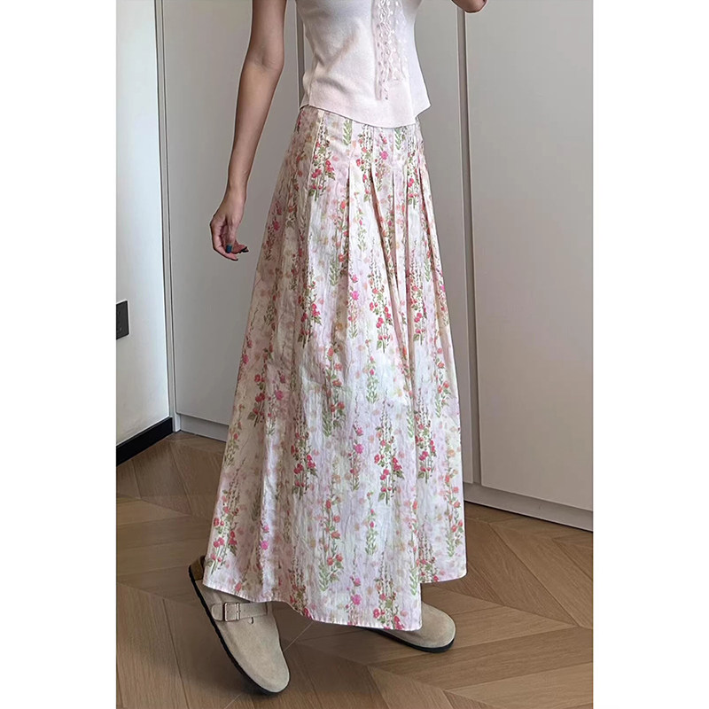 减龄穿搭小个子碎花百褶半身裙设计感小众压褶a字大摆中长款伞裙