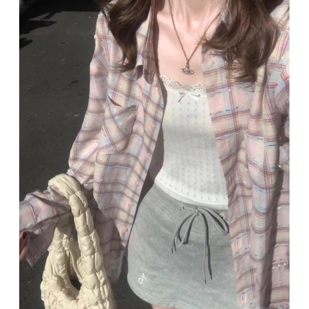 小个子145韩系chic格子衬衫女150叠穿长袖防晒衬衣外搭上衣xs春夏