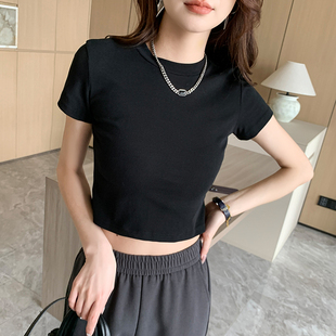 150cm小个子圆领短款上衣显瘦百搭设计感小众高级感正肩短袖t恤女
