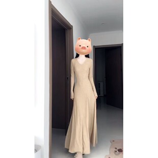 145CMV领长袖 显瘦A字针织裙xs春女 连衣裙高级感小矮个子内搭修身