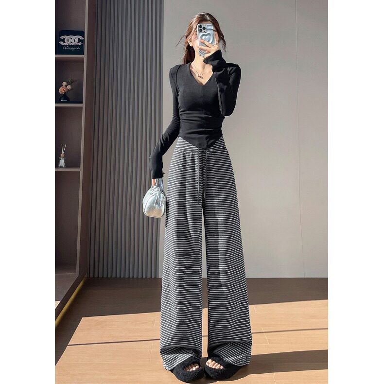 减龄穿搭小个子条纹裤慵懒风抽绳垂感休闲裤直筒裤百搭宽松阔腿裤