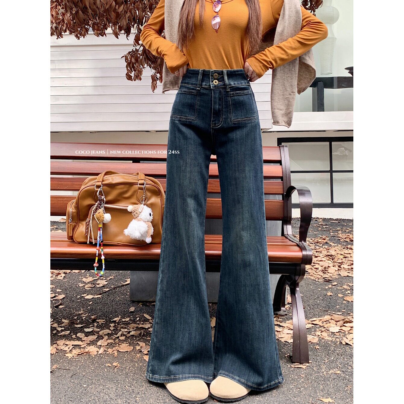 145小矮个子直筒喇叭牛仔长裤女150高腰纽扣设计口袋拖地阔脚裤xs