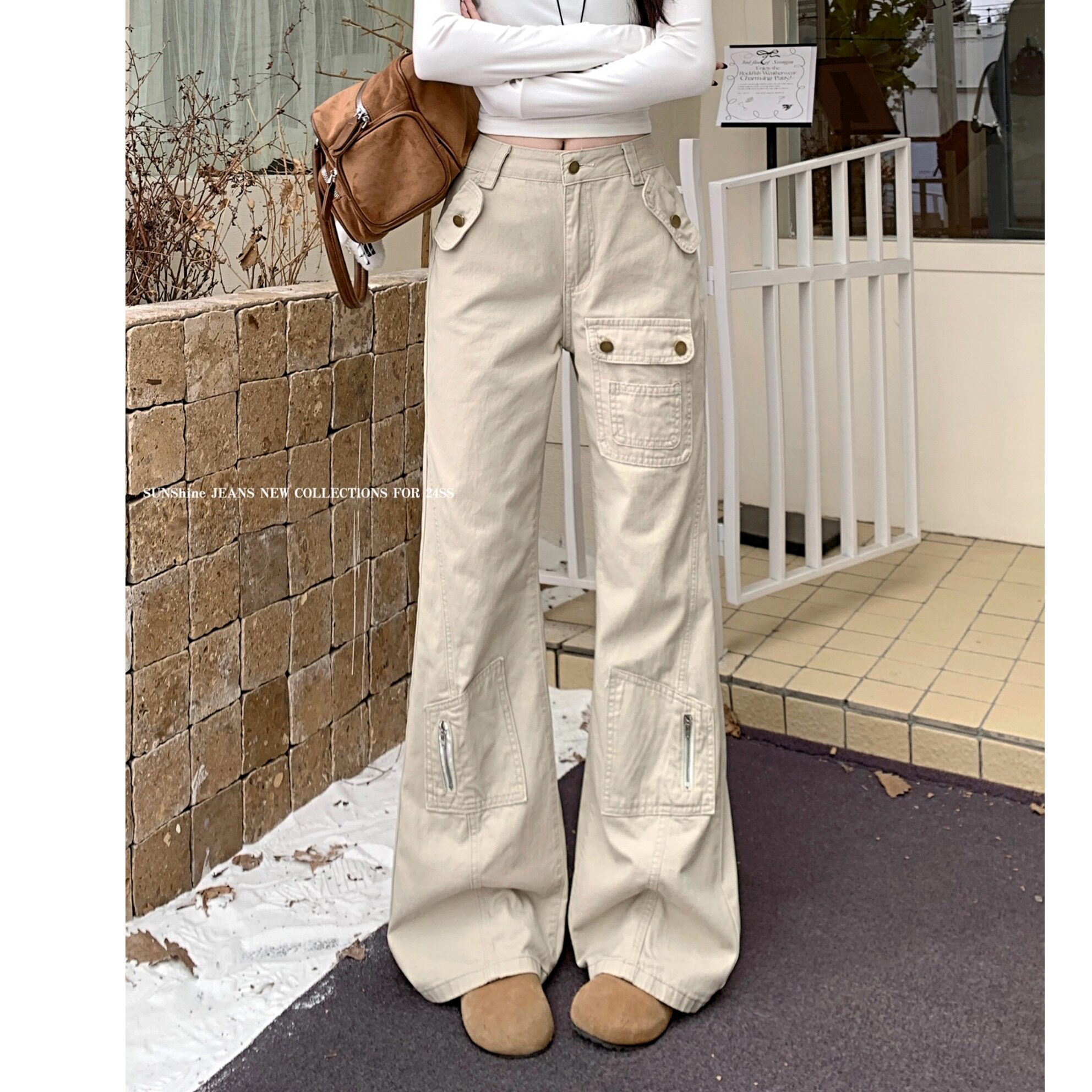 145小矮个子早春美式设计感多口袋微喇工装裤150高腰直筒牛仔长裤