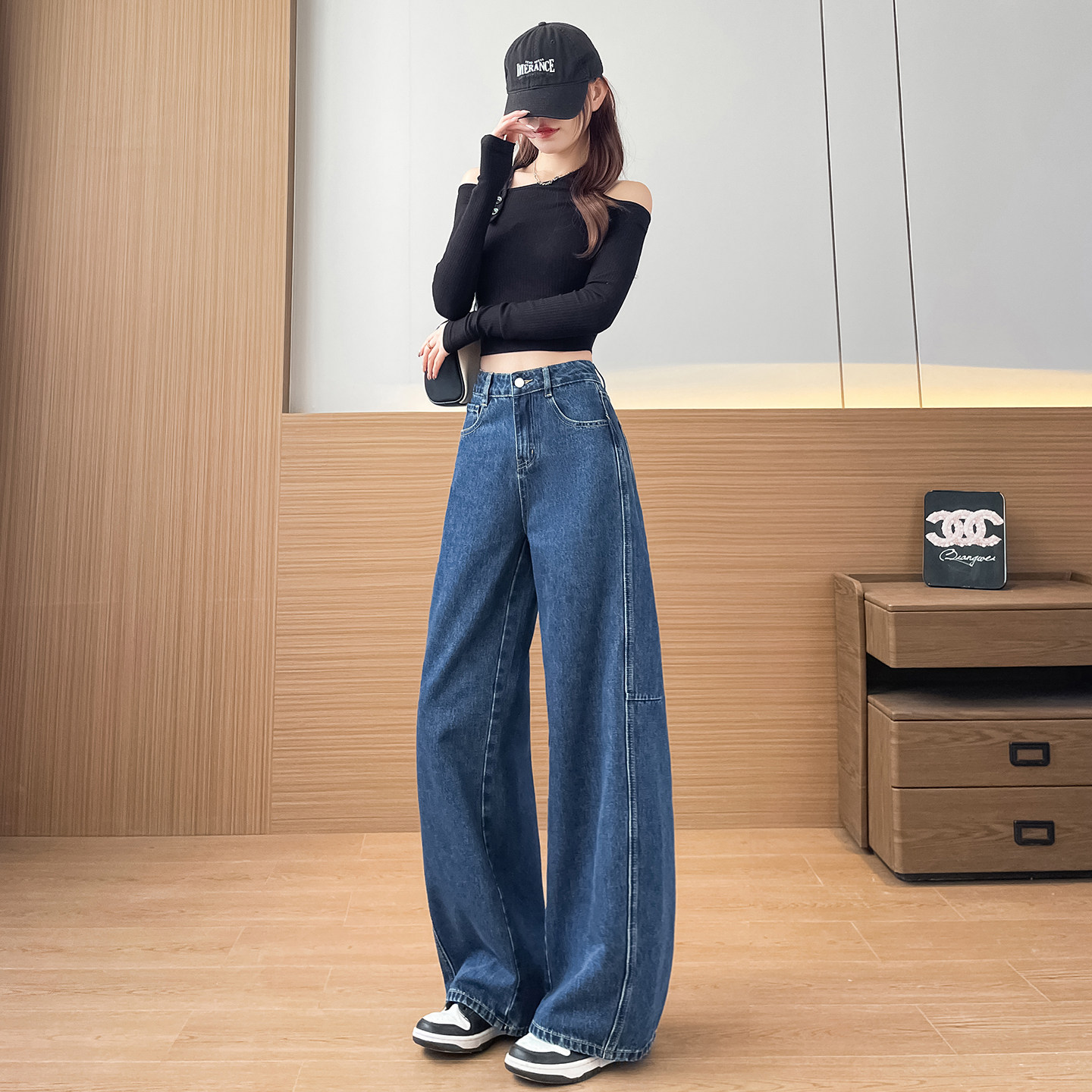 小个子显高高腰弯刀牛仔裤垂感百搭150CM显瘦宽松直筒阔腿香蕉裤