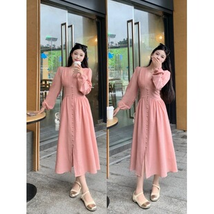 仙女裙气质V领长裙 复古连衣裙绝美长袖 145CM小矮个子显高春季 法式