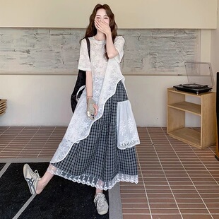 145小个子显高150设计感不规则网纱罩衫 女夏xs 叠穿格纹半身裙套装
