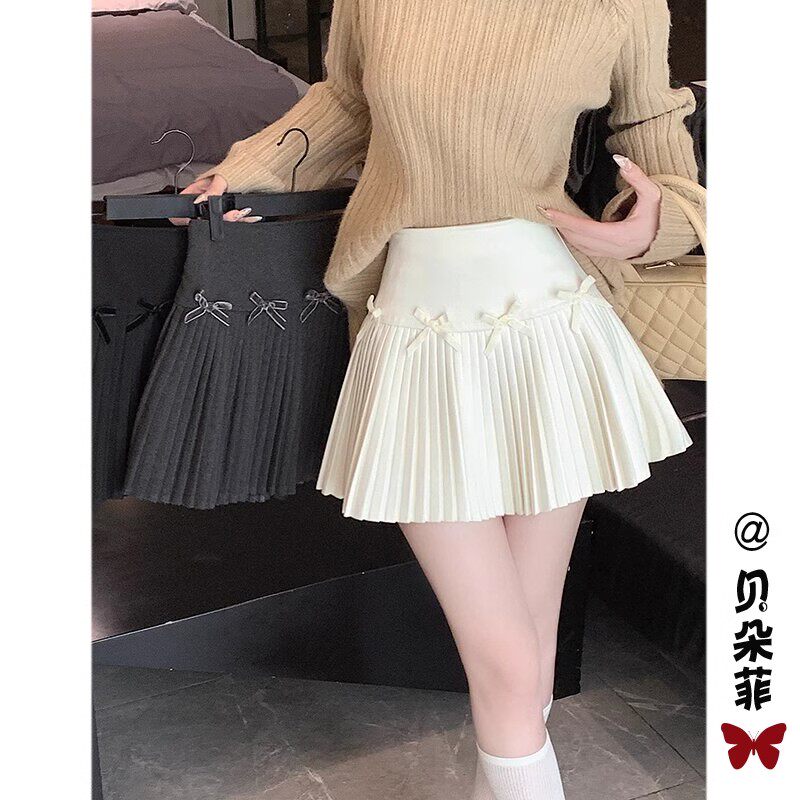 145小矮个子蝴蝶结毛呢半身裙女150秋冬高腰防走光a字百褶短裙xs