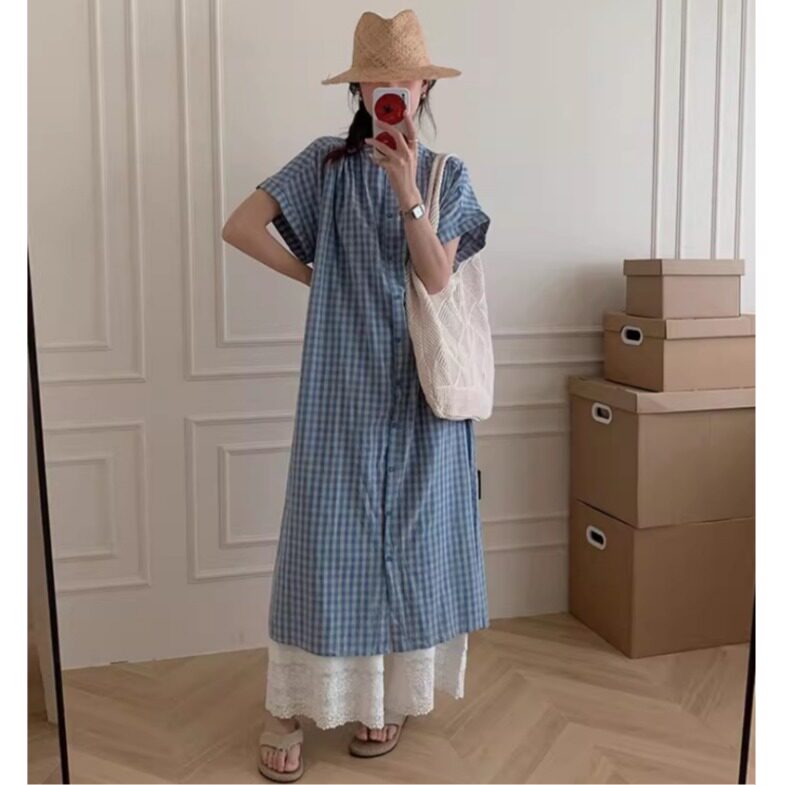 小个子145叠穿复古撞色格子连衣裙女150cm圆领宽松短袖衬衫长裙xs