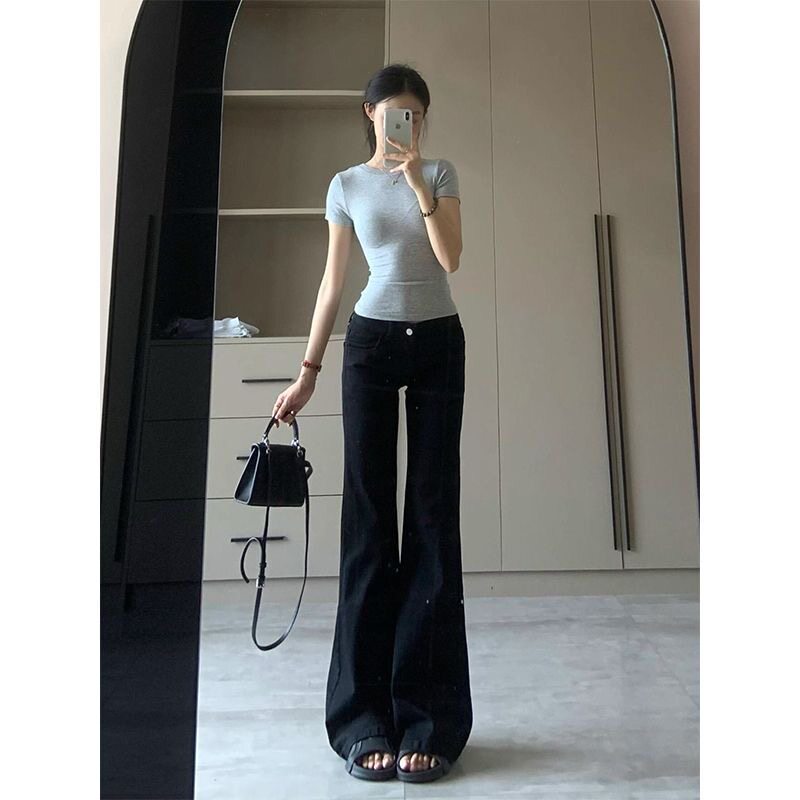 145小个子黑色微喇叭牛仔裤辣妹百搭显瘦150低腰不贴腿马蹄拖地裤