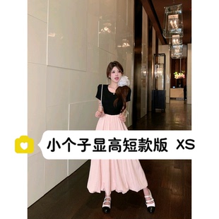设计感花苞长裙夏季 145矮个子半岛美式 术馆针织拼接连衣裙法式