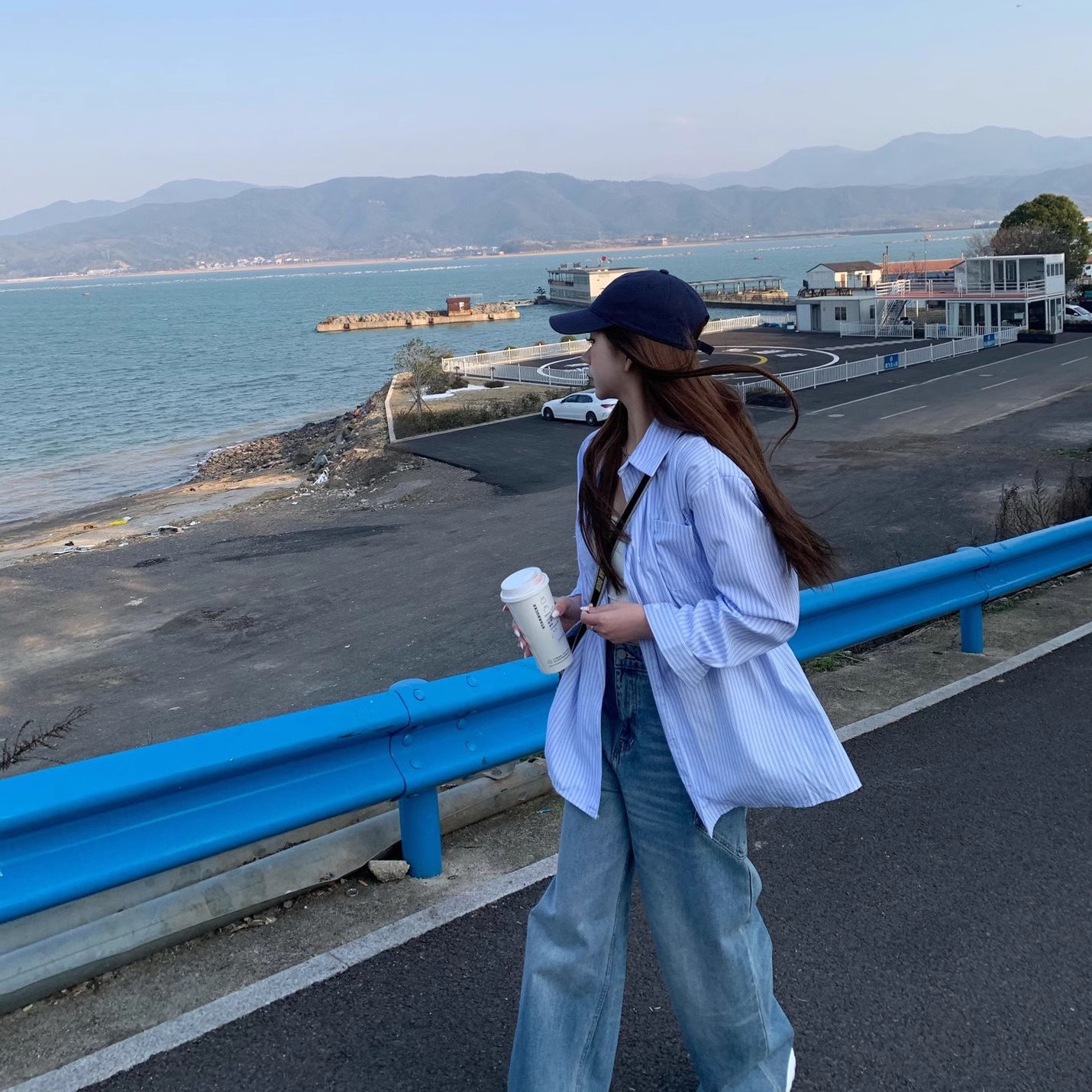 145小矮个子蓝色条纹衬衫女150cm设计感长袖衬衣韩系慵懒宽松外套