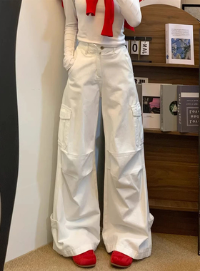 小个子美式白色工装牛仔裤显瘦百搭150cm高腰宽松直筒阔腿拖地裤