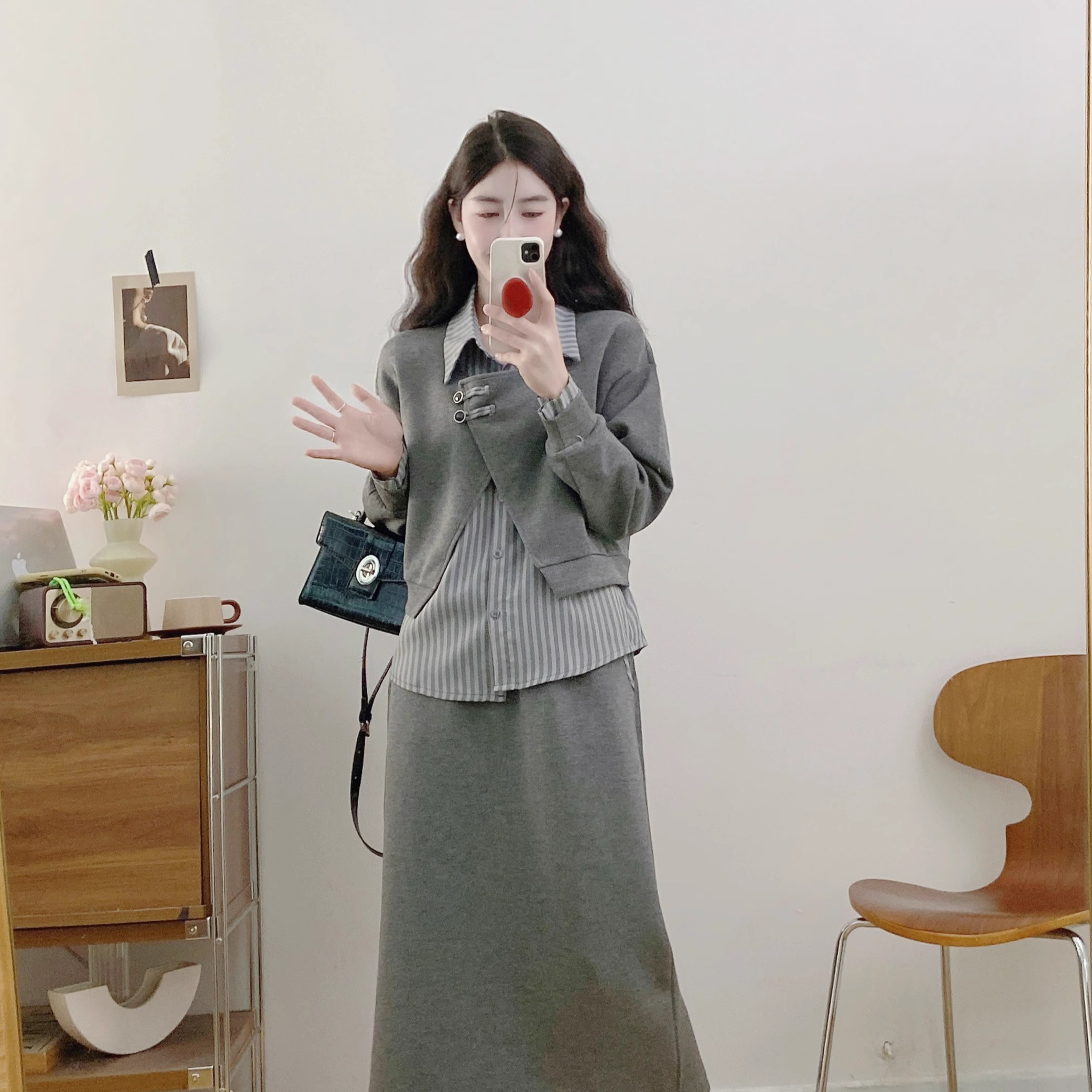 小个子145设计感宽松假两件卫衣半身裙两件套女150春季时尚套装xs