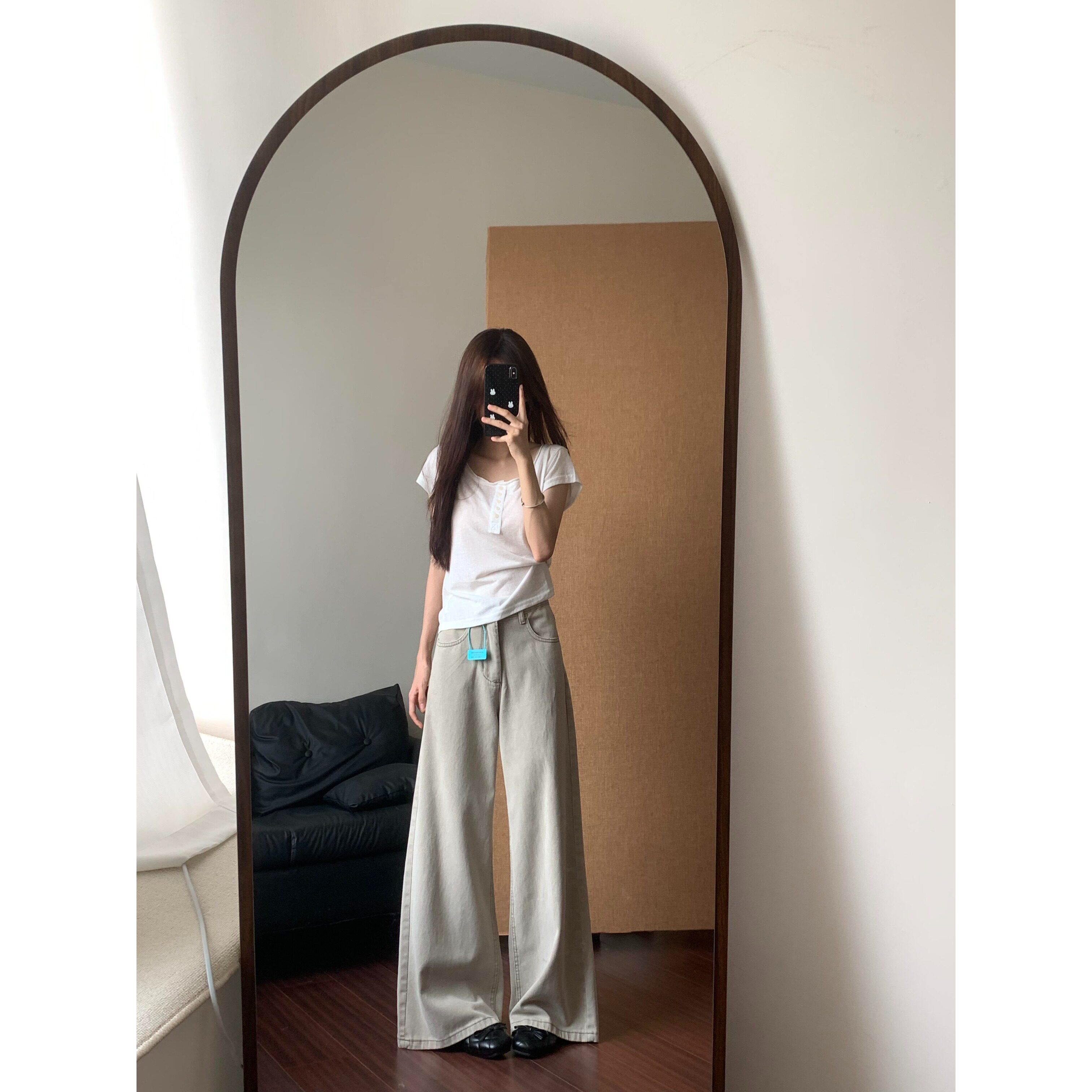 小个子美式复古浅杏色阔腿牛仔裤145cm宽松显瘦直筒拖地裤潮女XS