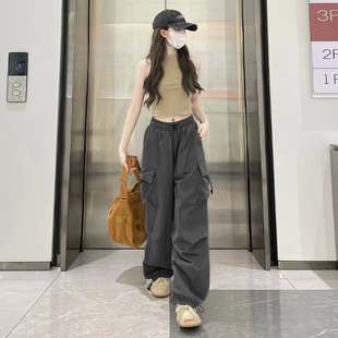 小个子设计感速干工装裤女2025夏季薄款150高腰运动阔腿长裤xs码