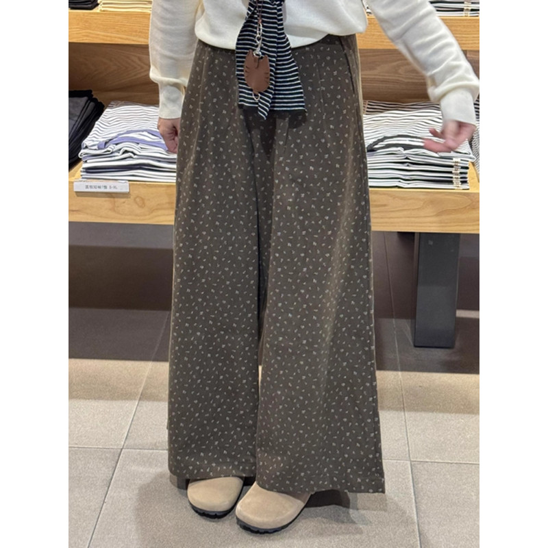 小个子复古碎花宽松慵懒风阔腿休闲裤宽松150高腰直筒显瘦梧桐裤