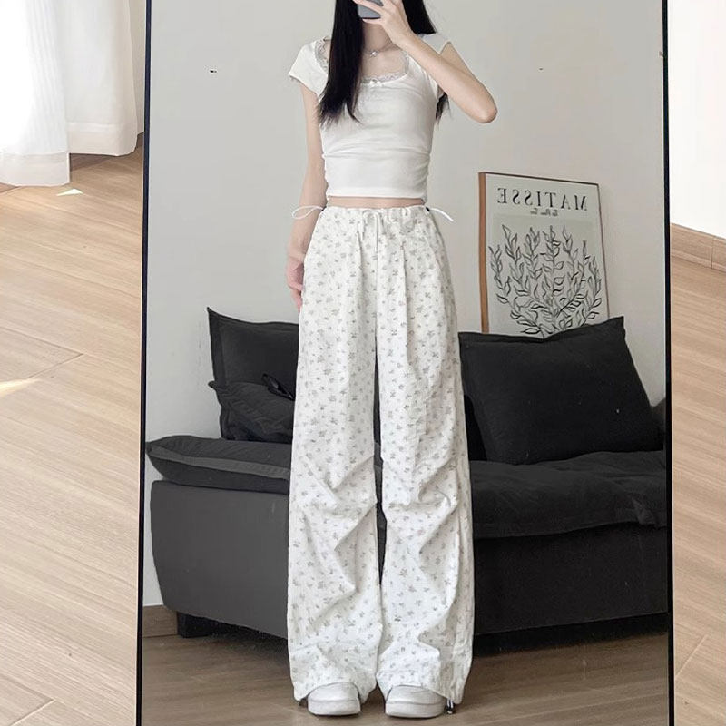 小个子145cm高腰白色碎花工装裤阔腿美式速干休闲裤降落伞兵裤