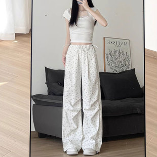 小个子145cm高腰白色碎花工装裤阔腿美式速干休闲裤降落伞兵裤