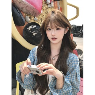 矮个子复古格纹POLO领长袖衬衫150CM休闲宽松中长款衬衣外套女XS