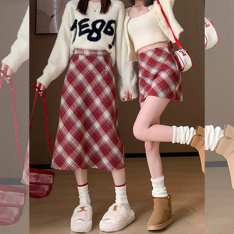 2025年秋季新款小个子150红色格子毛呢裙半身裙中长款a字包臀裙女