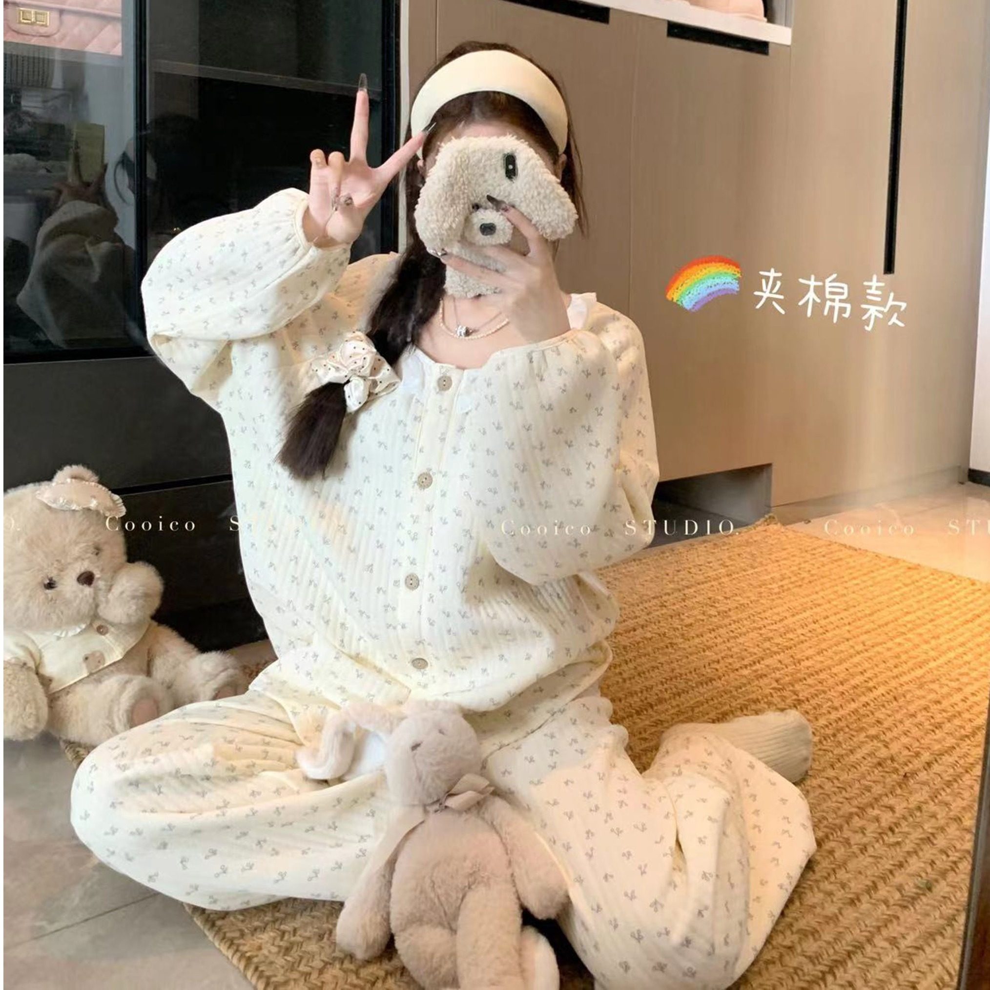 145小个子150秋冬新款蕾丝圆领碎花睡衣加厚夹棉保暖家居服套装xs