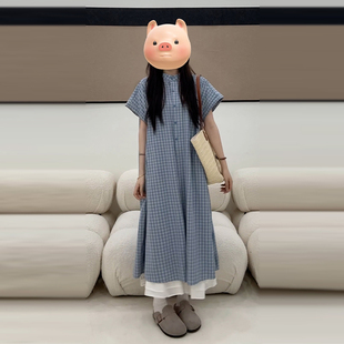 矮小个子150cm法式宽松格子连衣裙女叠穿麻棉短袖衬衫裙夏季新款