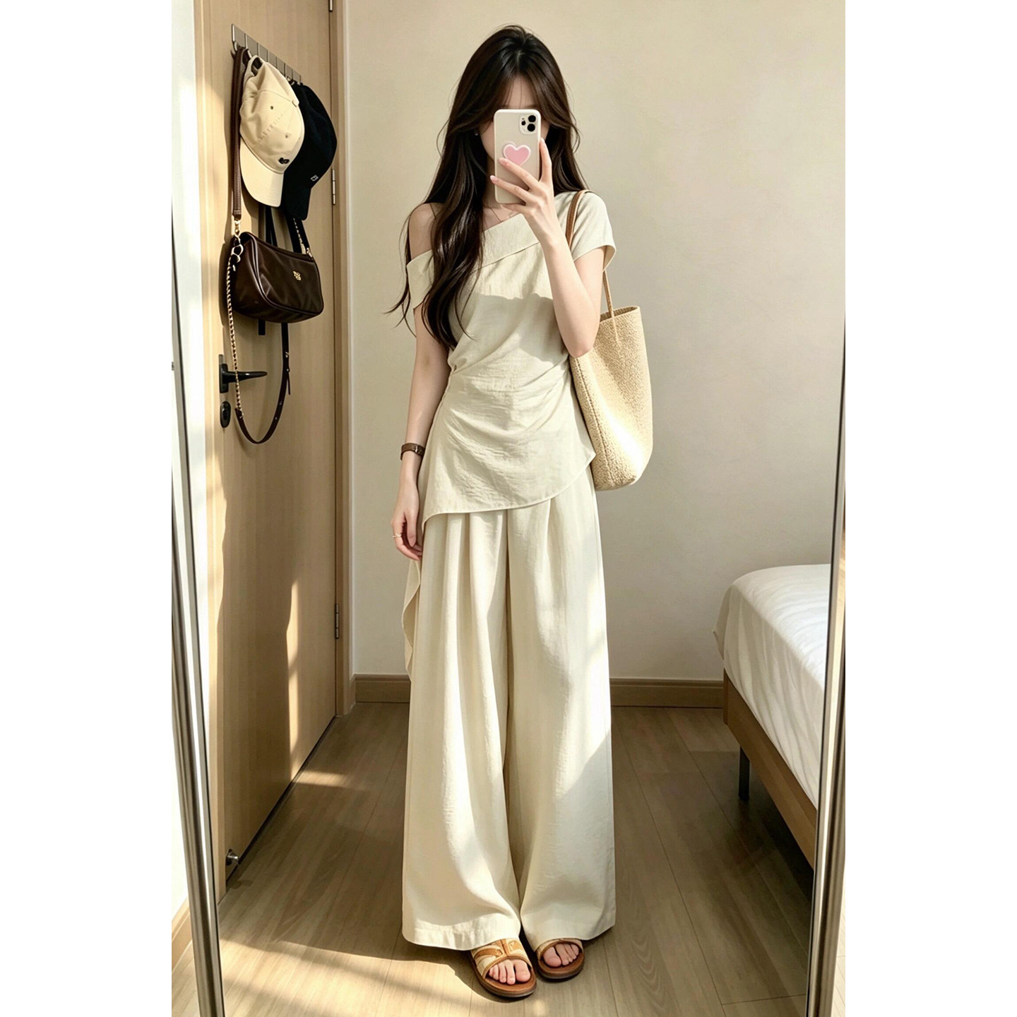 显瘦穿搭矮小个子杏色斜肩上衣百搭145cm显高高腰垂感阔腿裤套装