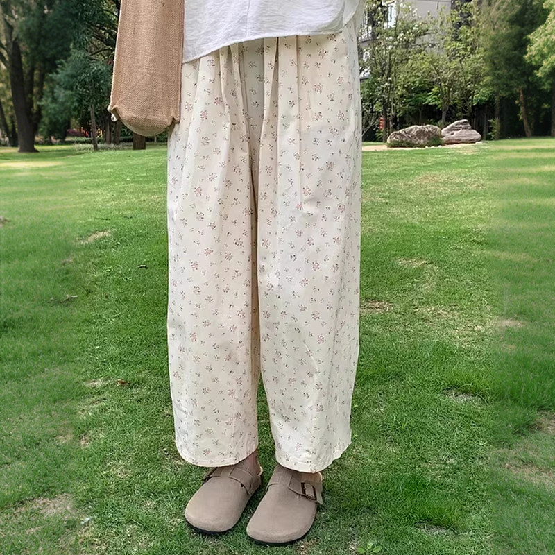 春夏新款矮小个子日系碎花休闲裤150高腰宽松九分哈伦阔腿裤XS女