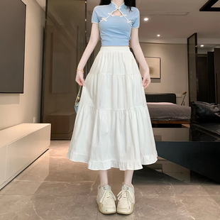 矮小个子白色蛋糕半身裙145cm百搭高腰百搭荷叶边a字中长裙XS码 夏