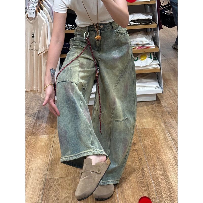 小个子美式复古弯刀阔腿牛仔裤百搭150CM高腰宽松直筒拖地长裤XS