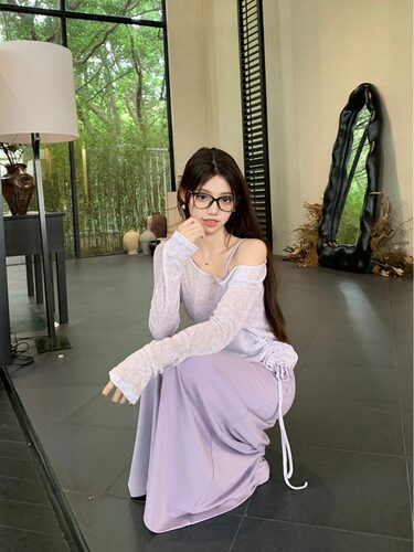 小个子紫色吊带连衣裙罩衫两件套