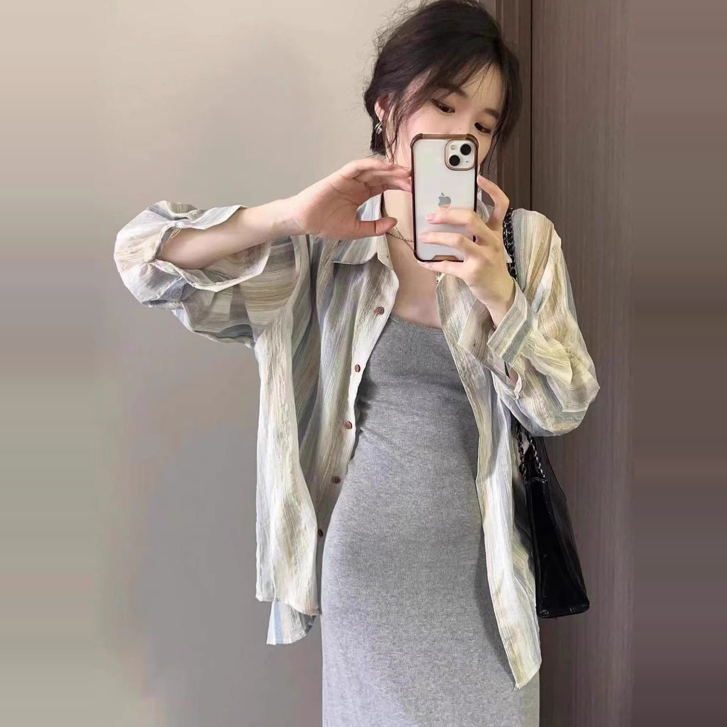 145小矮个子复古条纹防晒衬衫女150cm港风宽松衬衣开衫上衣外套xs