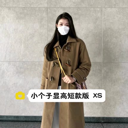 小个子棕色牛角扣大衣女150cm宽松夹棉加厚毛呢外套中长款xxs码冬