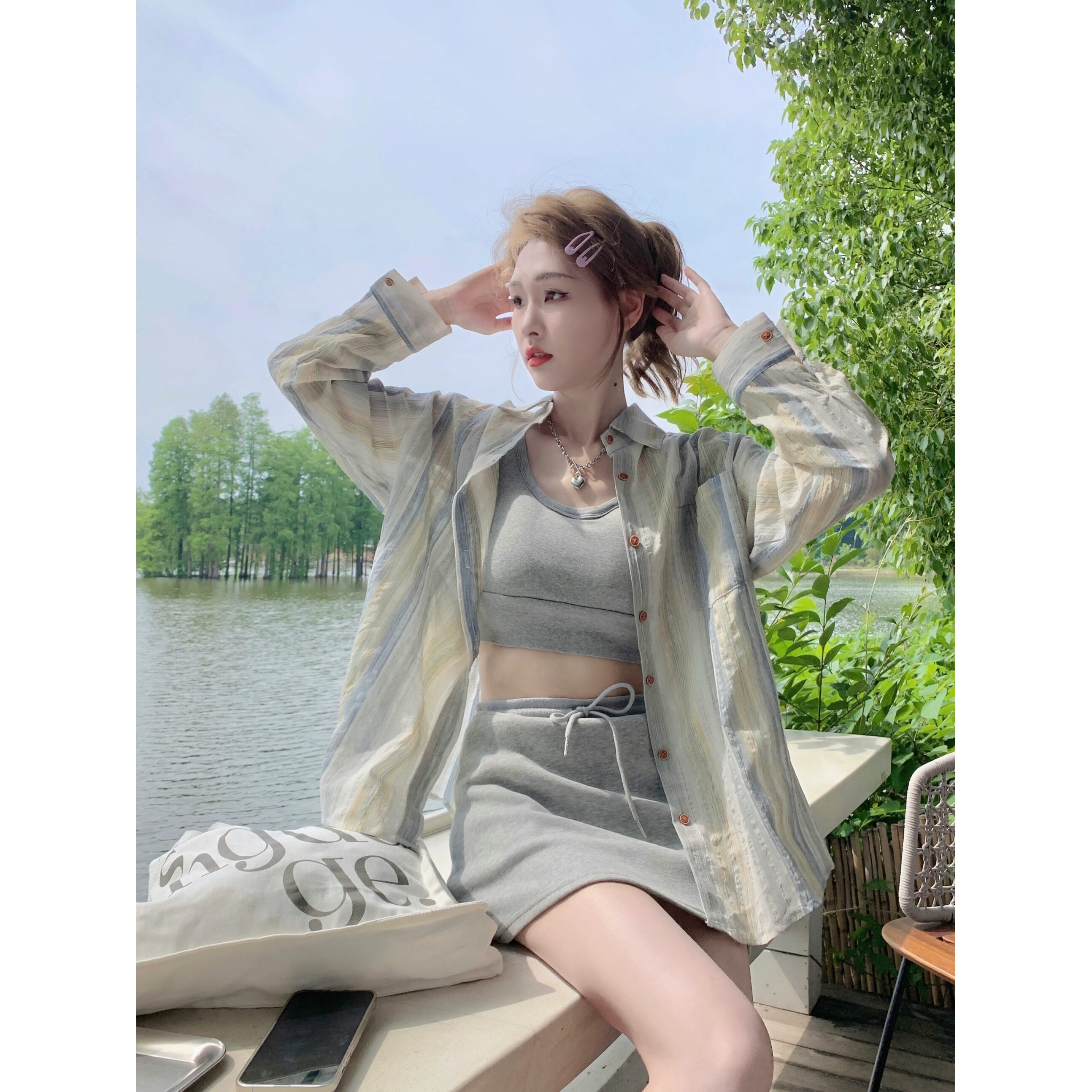 145矮小个子晕染条纹衬衫150慵懒风宽松百搭长袖衬衣薄款开衫夏xs