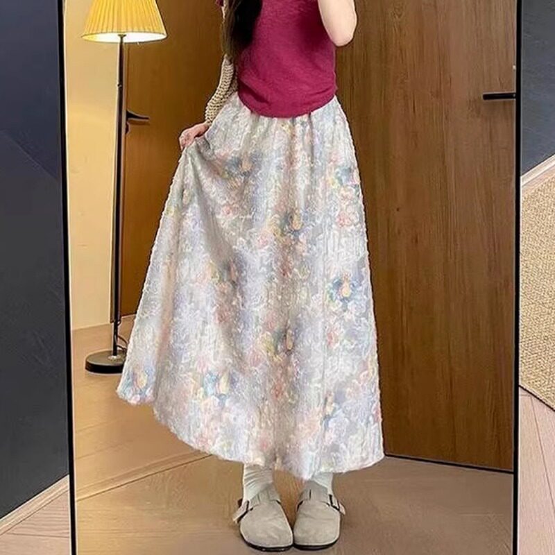 150cm显高小个子碎花蕾丝花苞裙百搭设计感a字伞裙法式中长半身裙