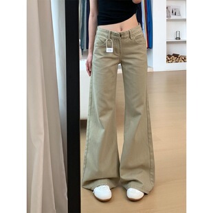 小个子美式卡其色不贴腿微喇牛仔裤百搭150cm低腰宽松喇叭拖地裤