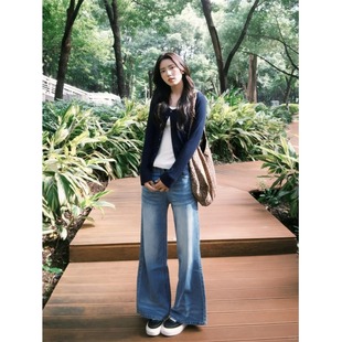 显高穿搭小个子高腰美式折痕宽松阔腿牛仔裤150CM显瘦直筒拖地裤