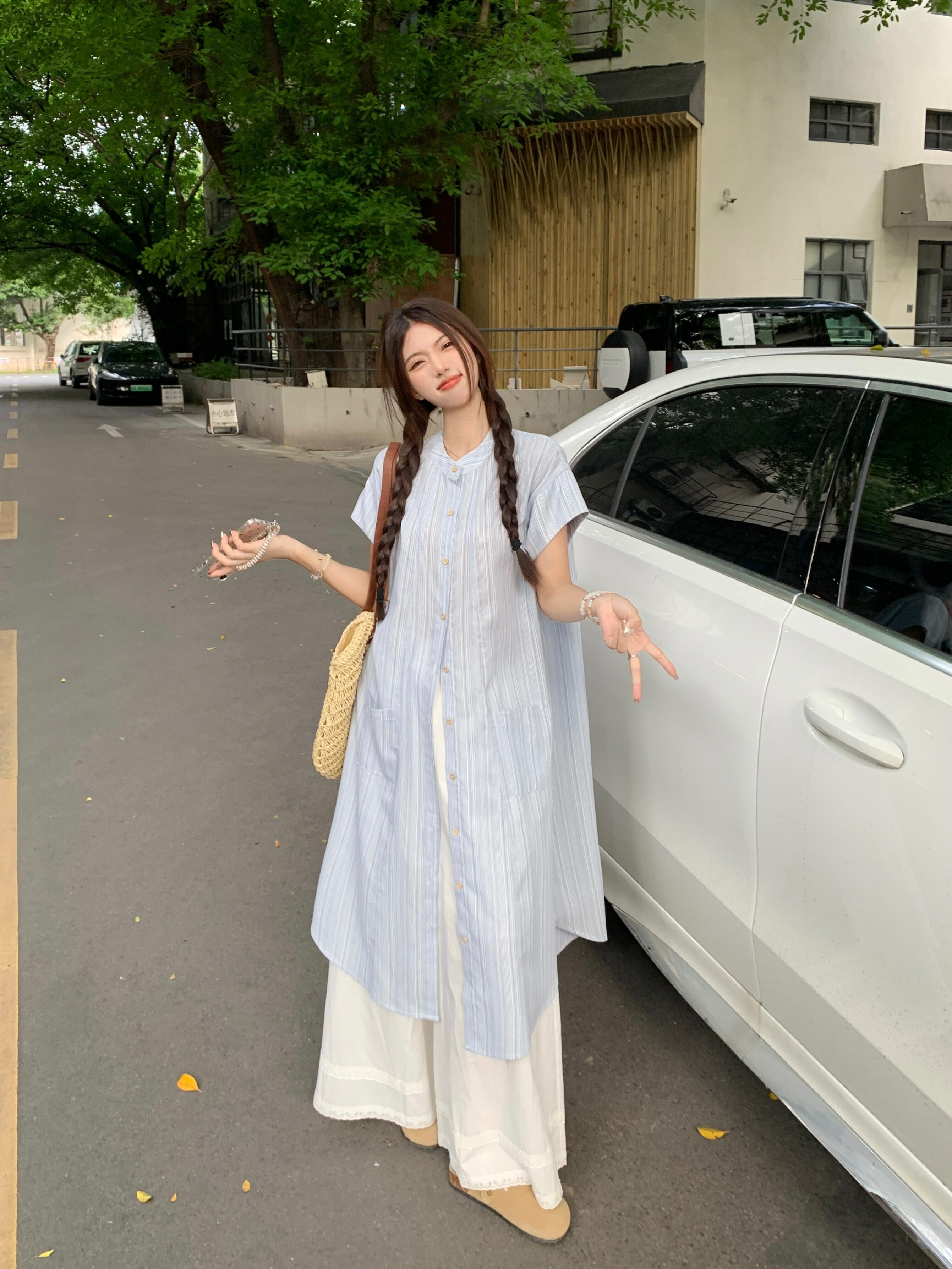 小个子150文艺复古宽松休闲时尚条纹长衬衫+花边拼接阔腿裤裙xs夏