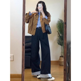 秋季新款150小个子丹宁蓝翻边阔腿牛仔裤女卷边窄版直筒阔腿裤xxs