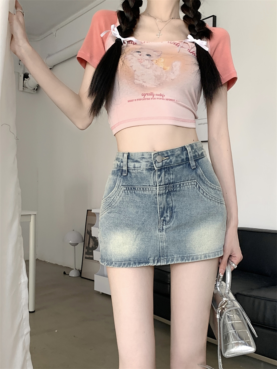 小矮个子145美式复古高腰牛仔A字裙裤女150辣妹包臀超短裙xs码夏