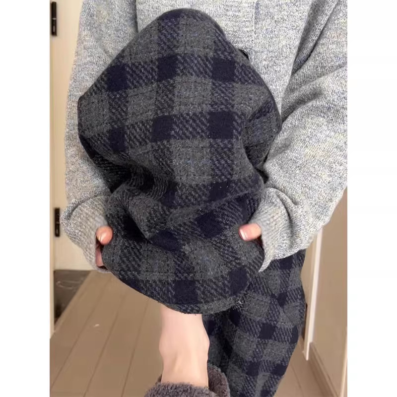 小个子灰色毛呢格子休闲拖地裤加绒保暖145CM高腰垂感宽松阔腿裤