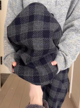 小个子灰色毛呢格子休闲拖地裤加绒保暖145CM高腰垂感宽松阔腿裤