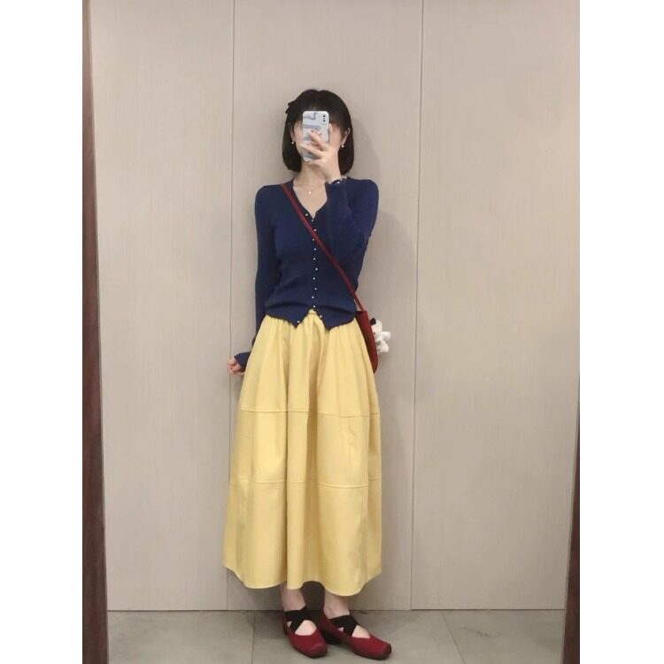 145矮小个子150蓝色V领针织开衫修身打底上衣高腰黄色A字中长裙xs