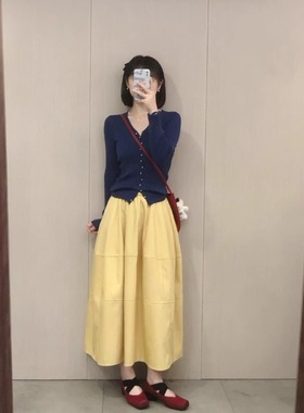 145矮小个子150蓝色V领针织开衫修身打底上衣高腰黄色A字中长裙xs