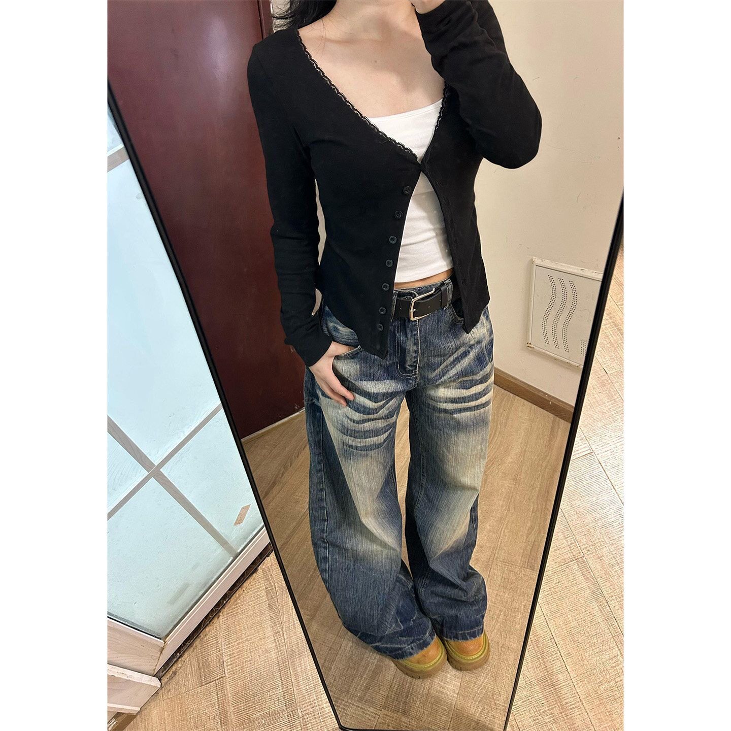 小个子女生美式复古水洗竹节纹牛仔裤慵懒感阔腿裤显腿细显屁股小