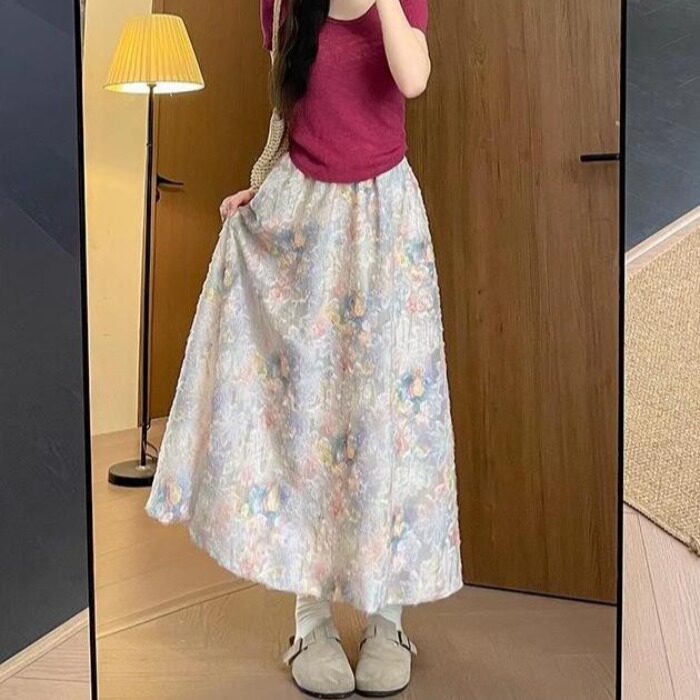 145cm小个子彩色碎花蓬蓬花苞裙显瘦高级感大摆半身裙女夏季薄款