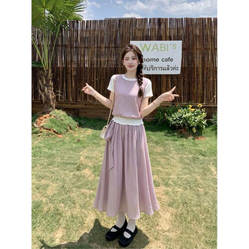 韩系穿搭矮小个子甜美气质套装145假两件短袖上衣高腰垂感半身裙