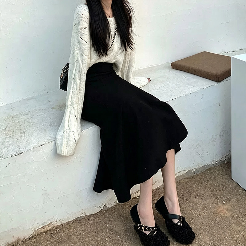 小个子黑色针织半身裙女秋冬显瘦150cm高腰a字中长款包臀鱼尾裙XS